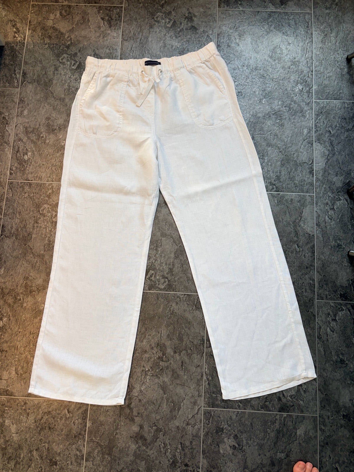 M&S White 100% Linen Wide Leg Trousers UK 14 Elastic Waist Summer