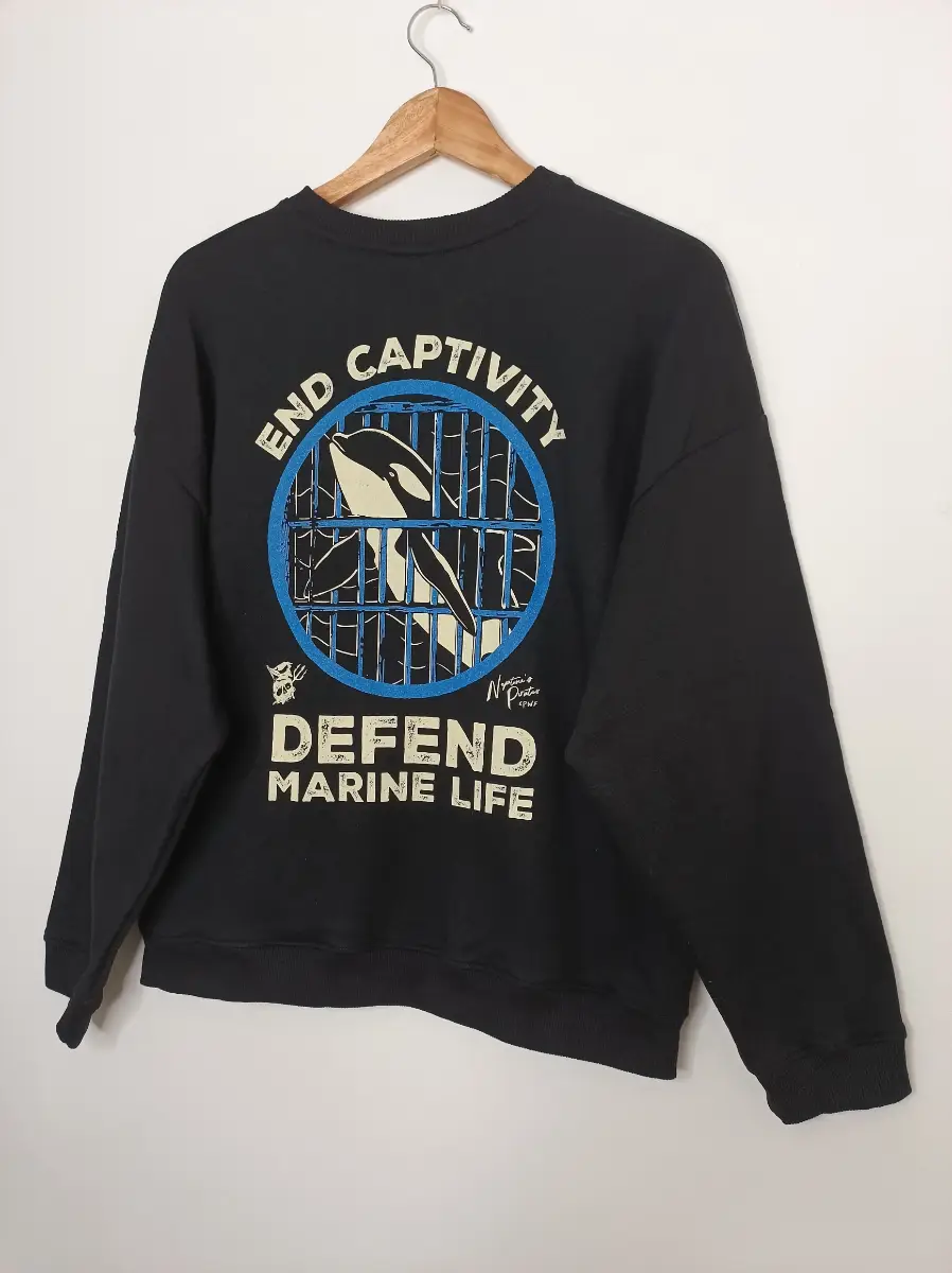 Rapanui Womens Sweatshirt Defend Marine Life End Captivity Orca Black UK 12 Certified Organic Cotton
