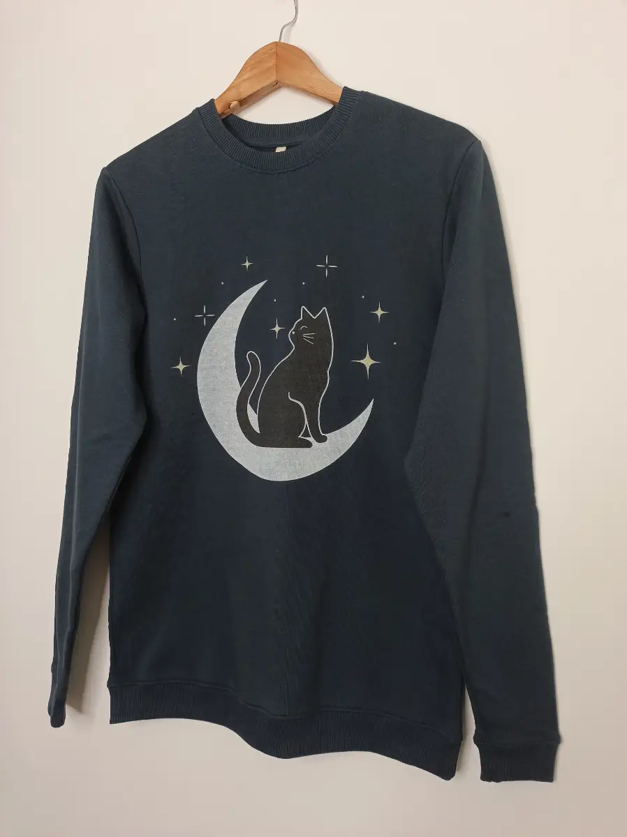Rapanui Mens Womens Remill Fibre Cats Protection Moon Cat Sweatshirt size S Navy Organic Cotton