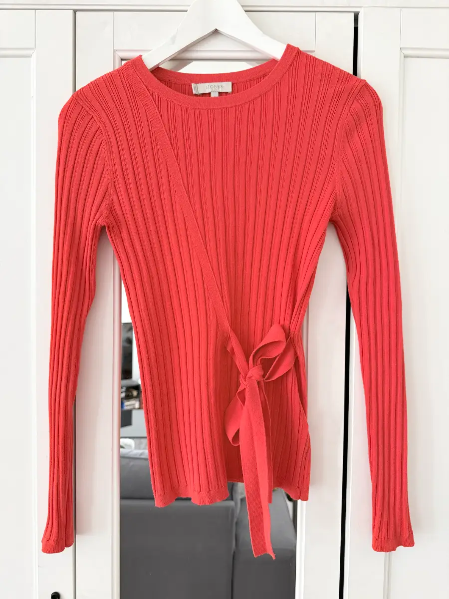 Hobbs Coral Red Ribbed Wrap Tie Waist Jumper Size S