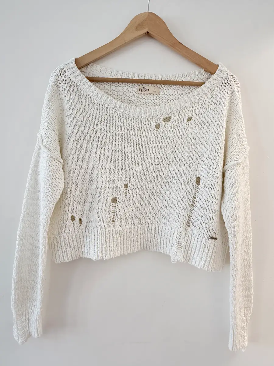 Hollister White Distressed Open Knit Cropped Jumper Size S