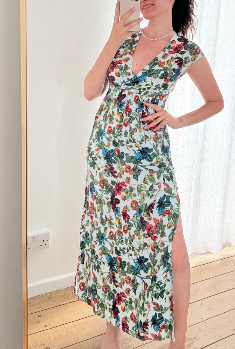 Floral V-Neck Split Long Light Blue Green Size 8