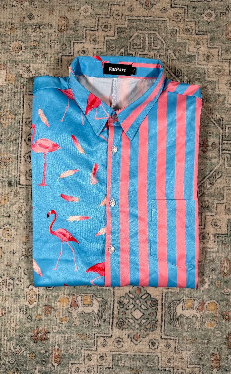 VatPave Flamingo Striped Short Sleeve Shirt Blue Pink Size XL