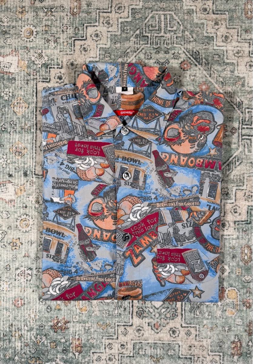 Vintage Signum Hawaiian Shirt Blue Graphic Print Short Sleeve Button Up Size M