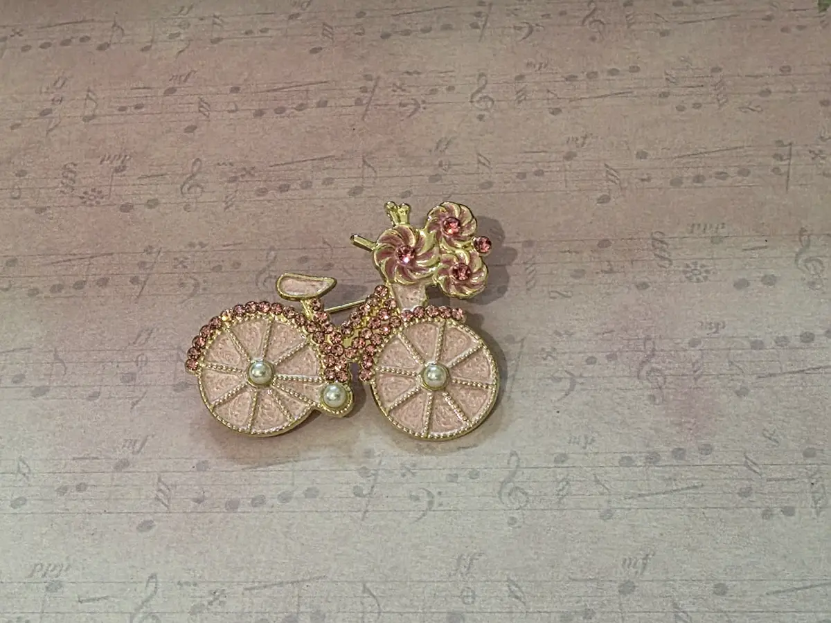 Pink Bicycle Brooch Pin | Crystal Rhinestone Bike Brooch | Gold Tone Fashion Pin