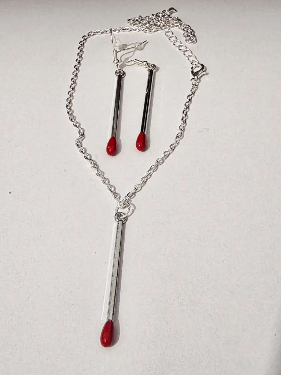 Silver Matchstick Jewellery Set | Matchstick Necklace & Earrings Novelty Jewellery