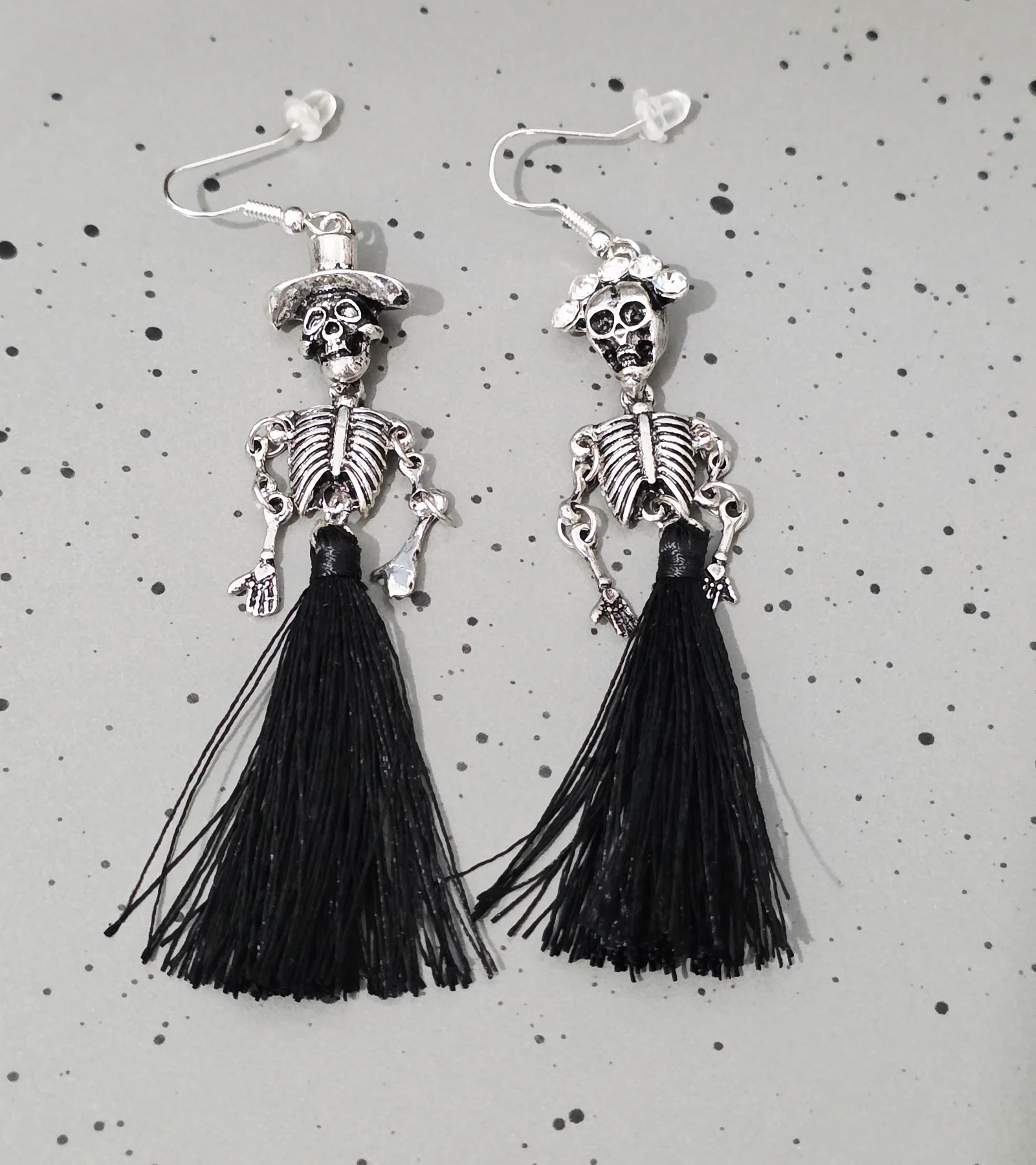 Skeleton Couple Drop Earrings Black Tassel Gothic Skull