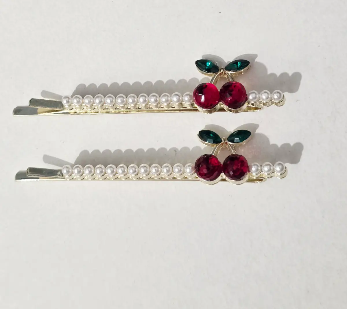 Cherry Pearl Hair Clips Pair | Rhinestone Hair Slides | Silver Tone Hair Accessories