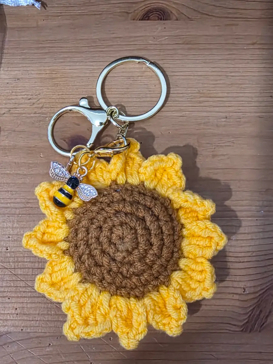 Crochet Sunflower Keyring | Sunflower Bag Charm | Bee Keychain | Handmade Style Accessory