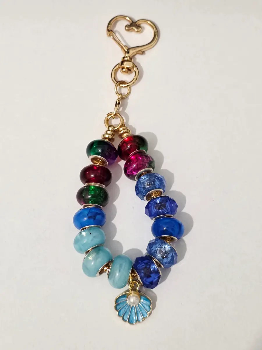 Ocean-Inspired Beaded Bag Charm Blue Shell Charm Keyring Gold Tone