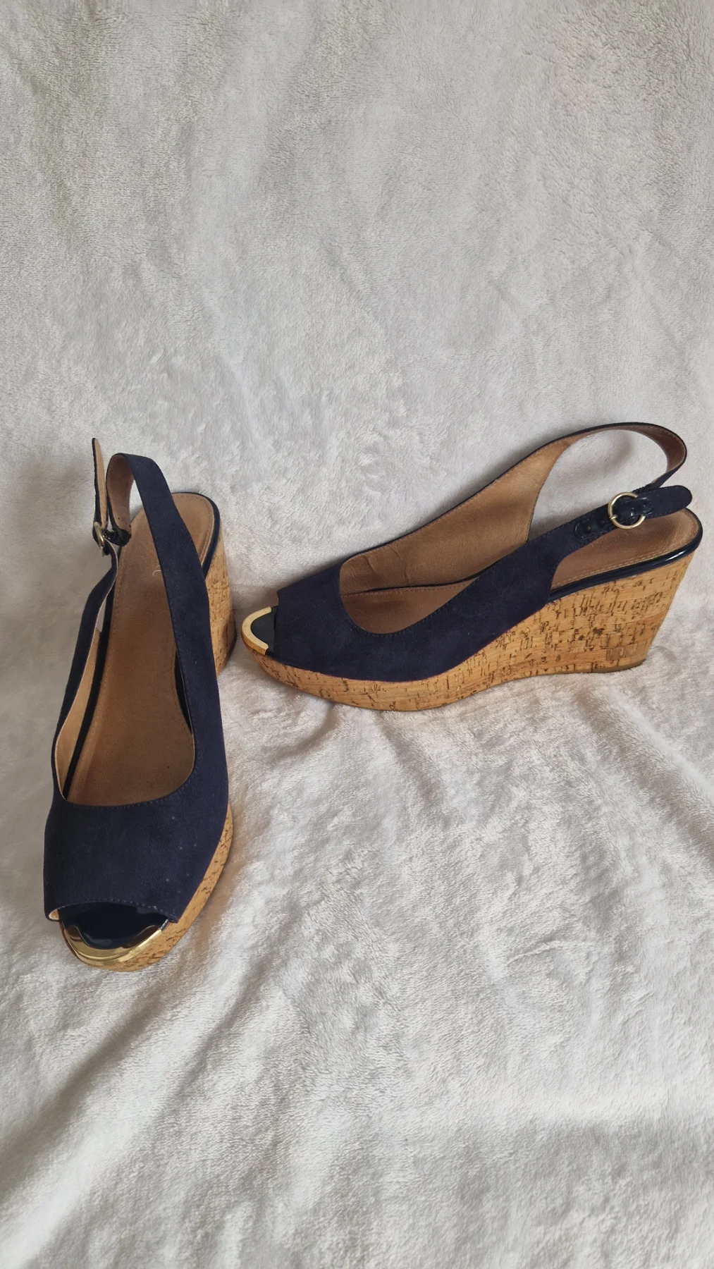 NEXT Gold Metallic Toe Cap Navy Wedge Sandals UK8 EU42- Occasion, Summer