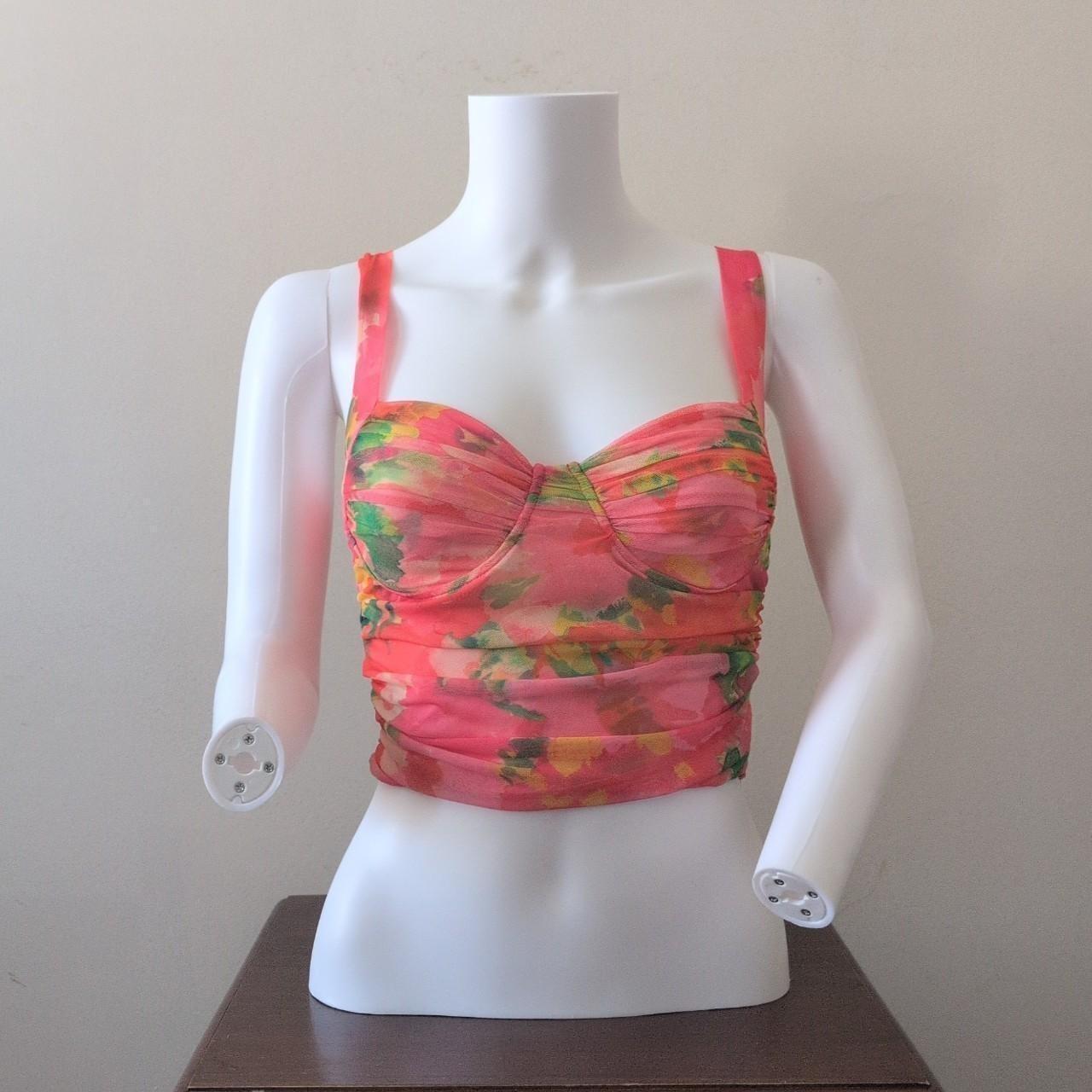 bright coral pink multicoloured floral mesh ruched corset crop top