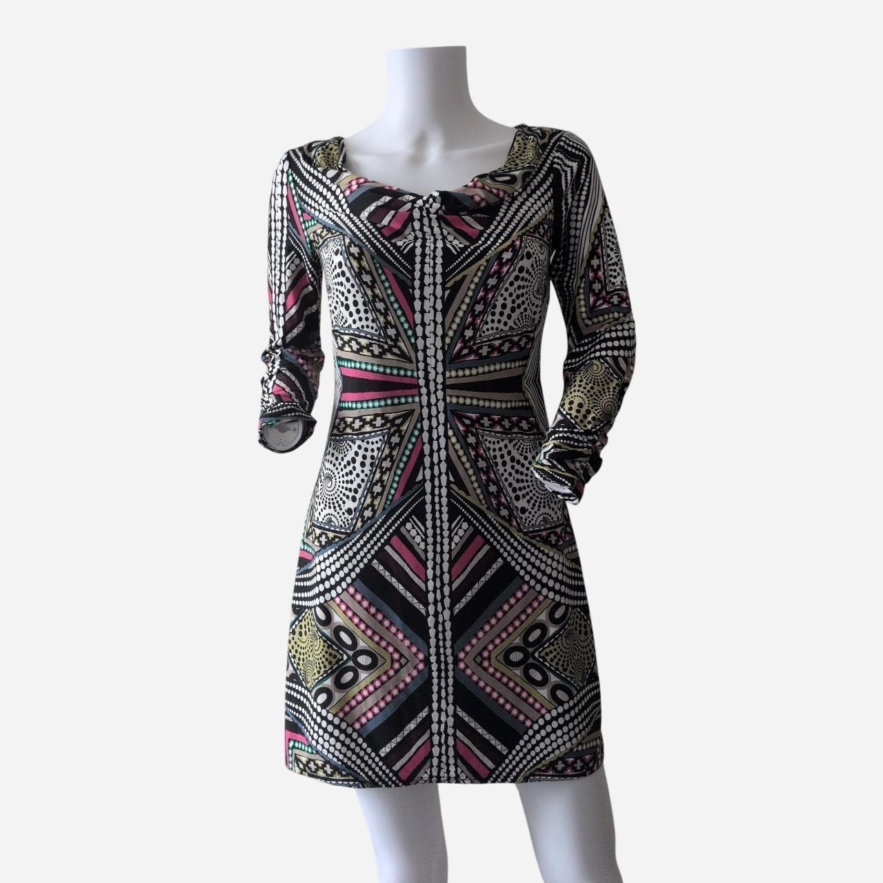 y2k vintage multicoloured unique geometric pattern black cowl neck long sleeve dress