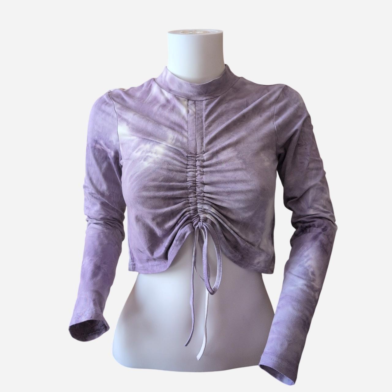 purple and white tie dye ruched with adjustable tie front long sleeve crop top