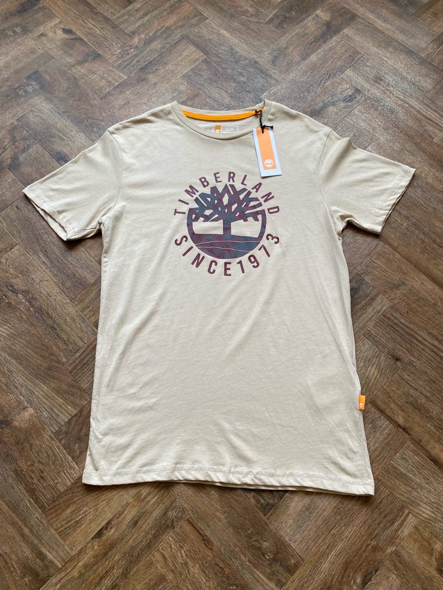 Timberland Men’s Beige Logo T-Shirt BNWT | Small | 100% Cotton | Regular Fit