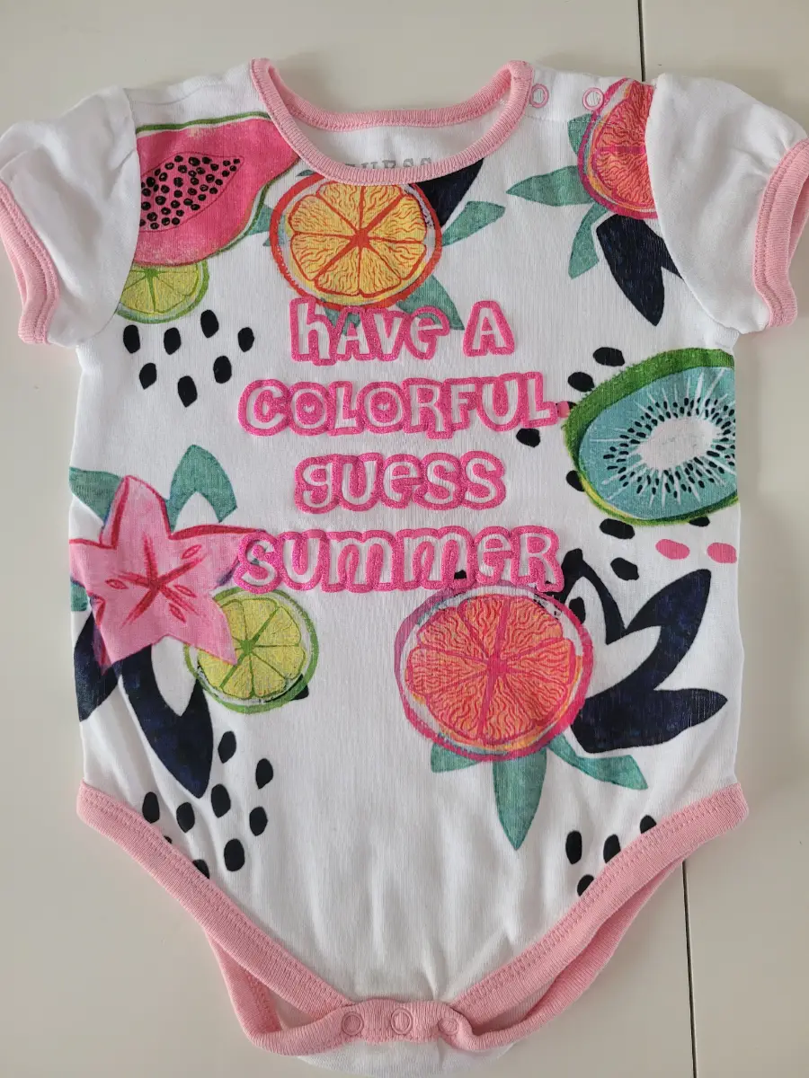 Guess Baby Girl Bodysuit 12 Months White Pink Tropical Summer Fruit Print