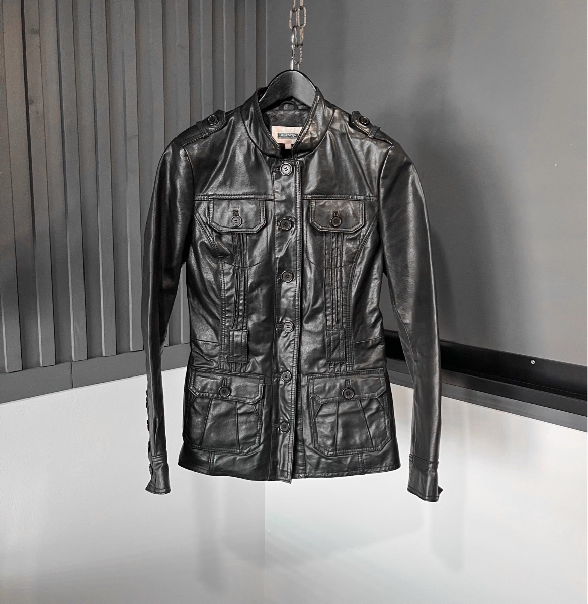 Blend of America Black Vintage Y2K Biker Racer 100% Genuine Leather Button Up Coat Jacket Medium M
