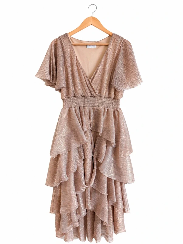 (8) RRP £100 Quiz Gold Shimmer Midaxi Dress UK 14 fits 16 Ruffle High Low Occasion Dress