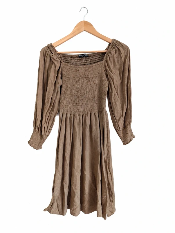 (16) Select Tan Smock Mini Dress UK 14 | Puff Sleeve Stretch Spring Summer Dress