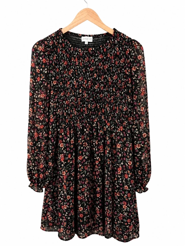 (31) Apricot Floral Smock Mini Dress | Sheer Sleeve | UK 18 | Floaty & Flattering