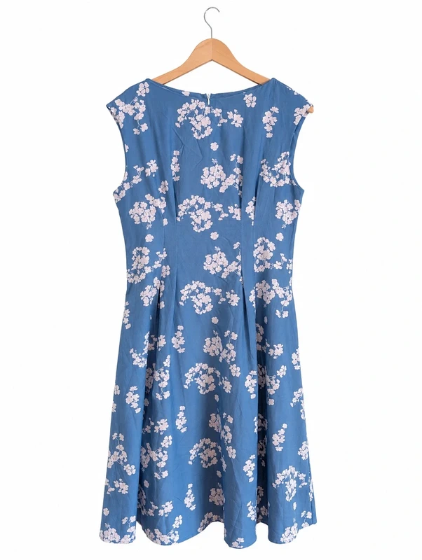 (14) Vintage Style Blue Floral Midi Dress UK 14 -16 (XL) Flattering Fit Pockets Summer