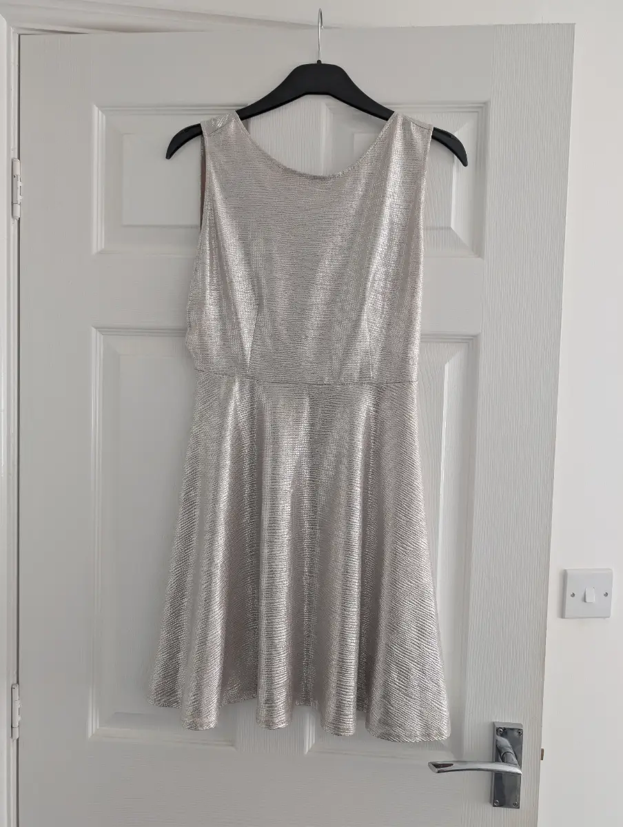 NWT Oh My Love London Metallic Silver Skater Dress (Size L)