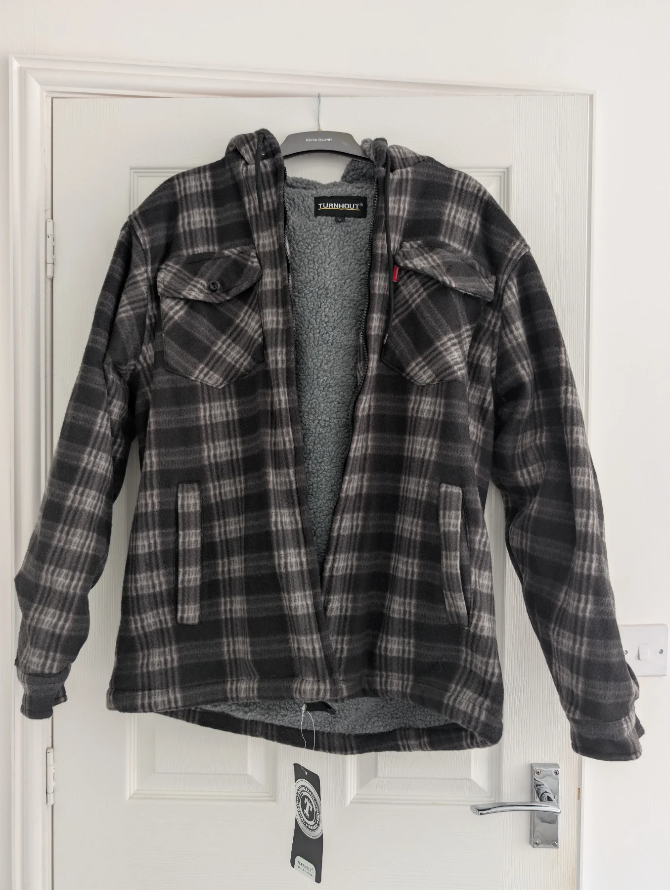 BNWT Turnhout Men's Sherpa-Lined Hooded Flannel Shacket / Jacket – Grey Check – Size L