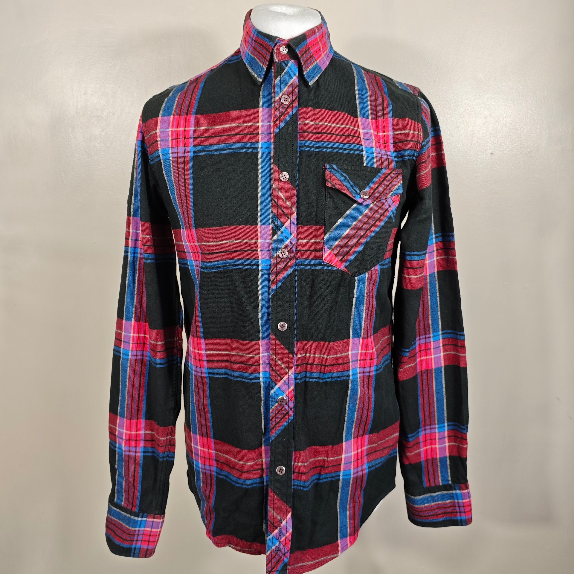 Ben Sherman Tartan Check Shirt Red Blue Snap Button Medium