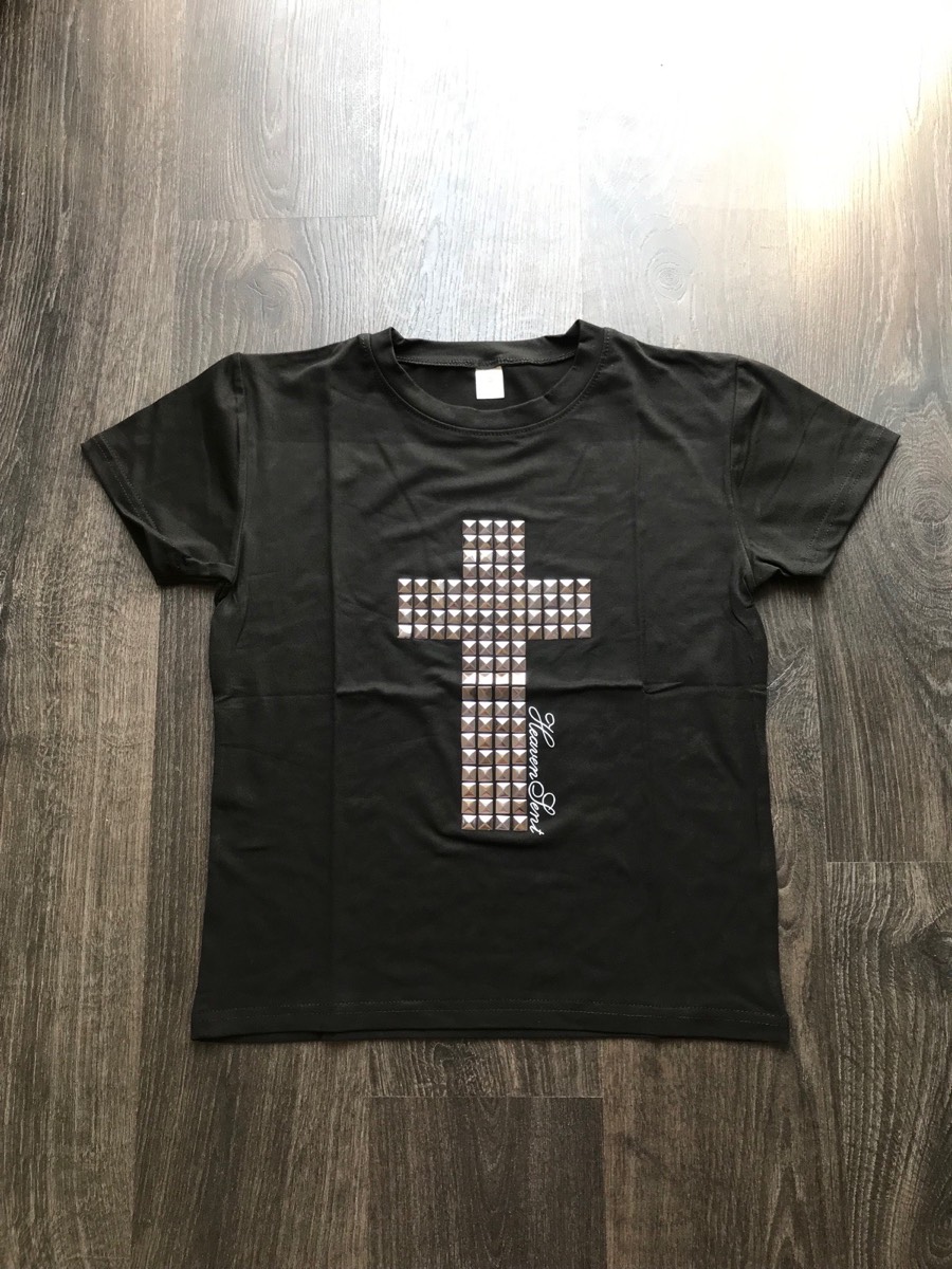 Black heavensent T shirt silver cross gothic emo alt scene Y2K 2000s S