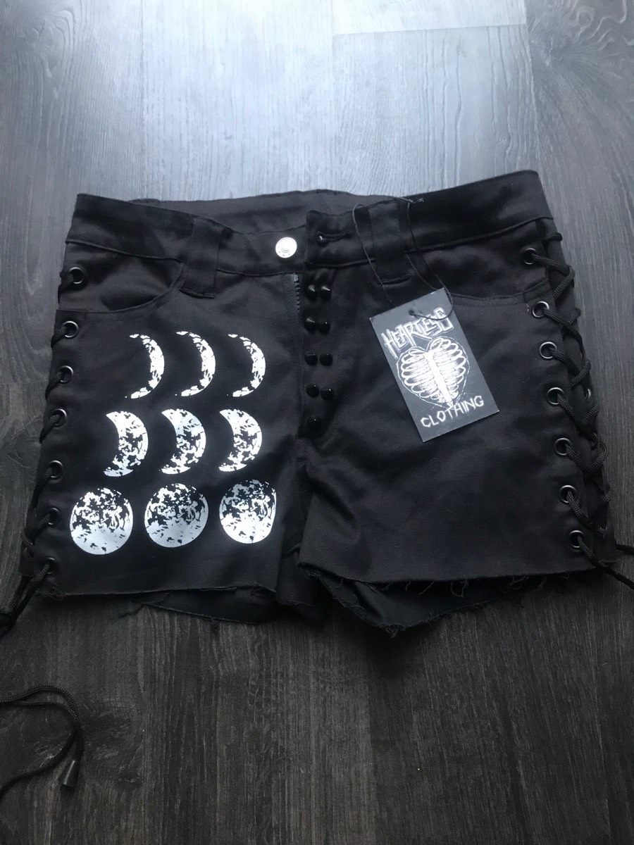 Heartless moon shorts black white lace up corset gothic emo alt scene grunge 2000s Y2K S