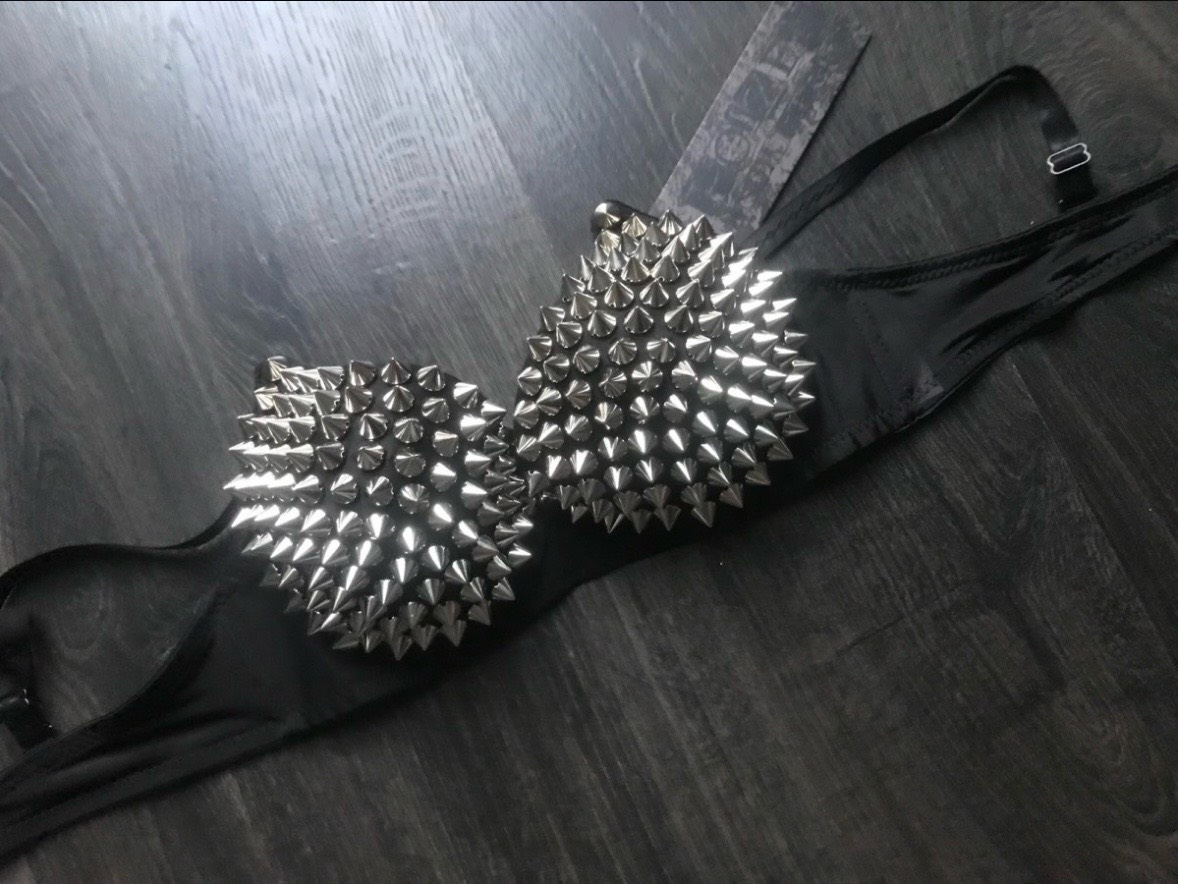 Poizen industries black silver spike bra studded bralette top rave club punk alt emo scene S -