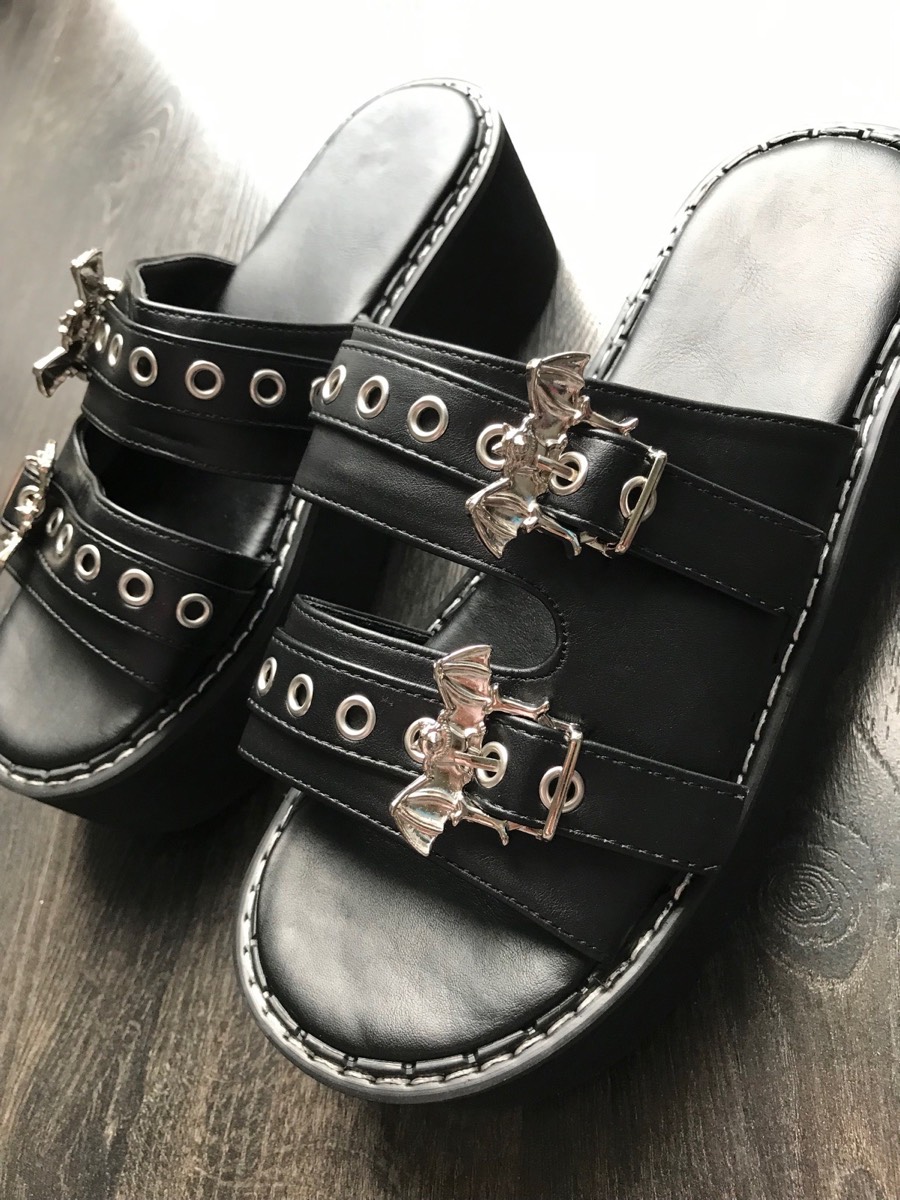 Black silver bat platform sandals gothic goth festival summer party alternative emo shoes 38 UK 5