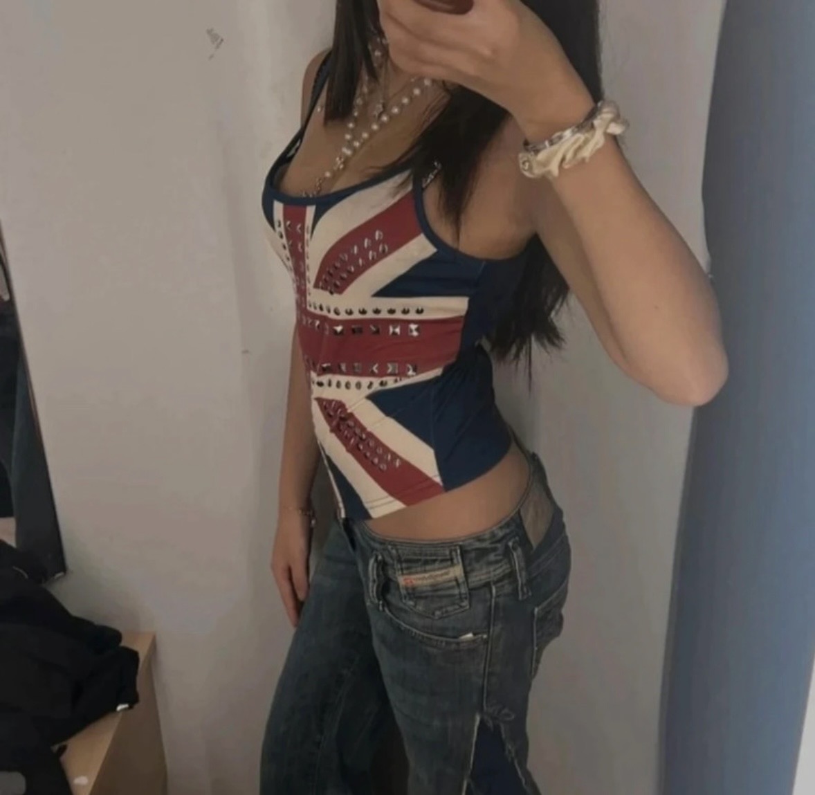 Navy blue white red tank top silver studs studded Union Jack Crop top S