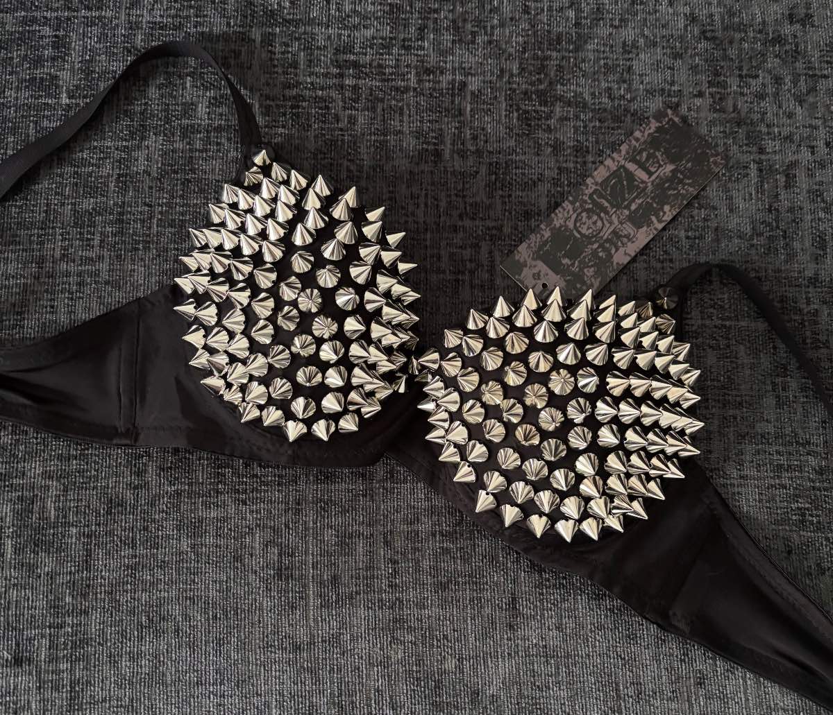 Poizen industries black silver spike bra studded bralette top rave club punk grunge alt emo scene XL