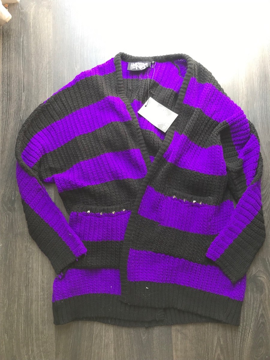 Heartless purple black stripe cardigan oversized baggy sweater top hoodie jumper witch goth emo S