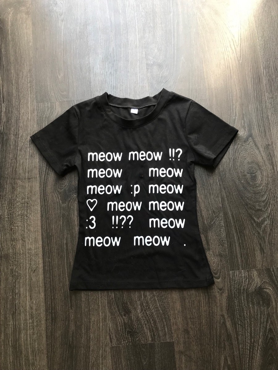 Black white meow t shirt kitty cat emo scene 2000s Y2K alternative alt top S