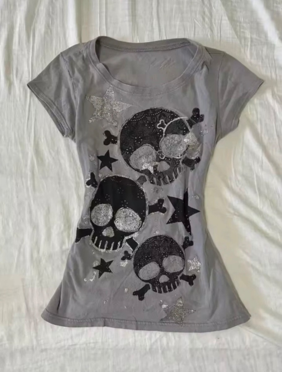 Grey Black Skull Graphic Print T Shirts Goth Emo Punk scene alt 2000s Y2K S