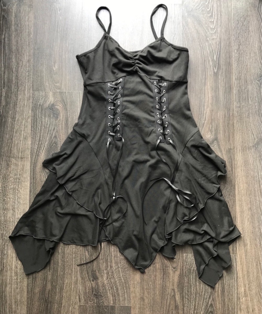 Black corset mini dress layered pixie fairy zigzag corset witch goth emo alt festival party skirt S