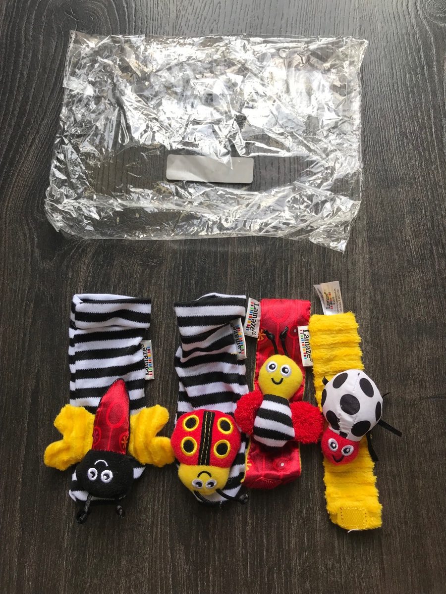Lamaze garden bug rattle set wrist rattles socks educational plush toys multi colour rainbow stripes
