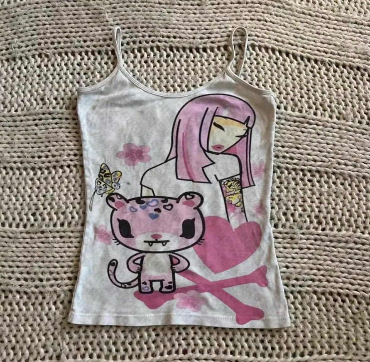 White pink Y2K camo vest top Harajuku 2000s crop top emo alt summer Tee S