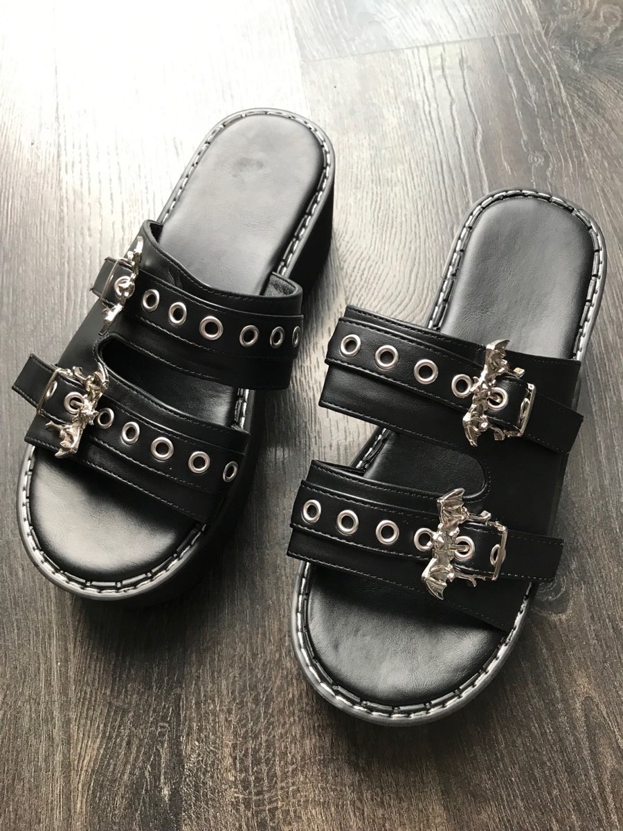 Black silver bat platform sandals gothic goth festival summer party alternative emo shoes 39 UK 6