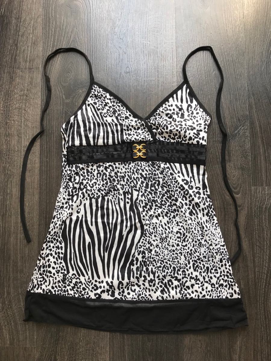 Black white zebra print top tie straps adjustable 2000s Y2K S