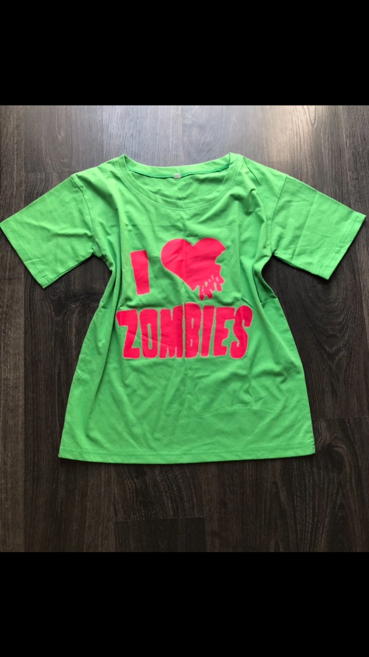 Green pink I love zombies t shirt heart Y2K emo scene 2000s goth alt gothic alternative zombie L