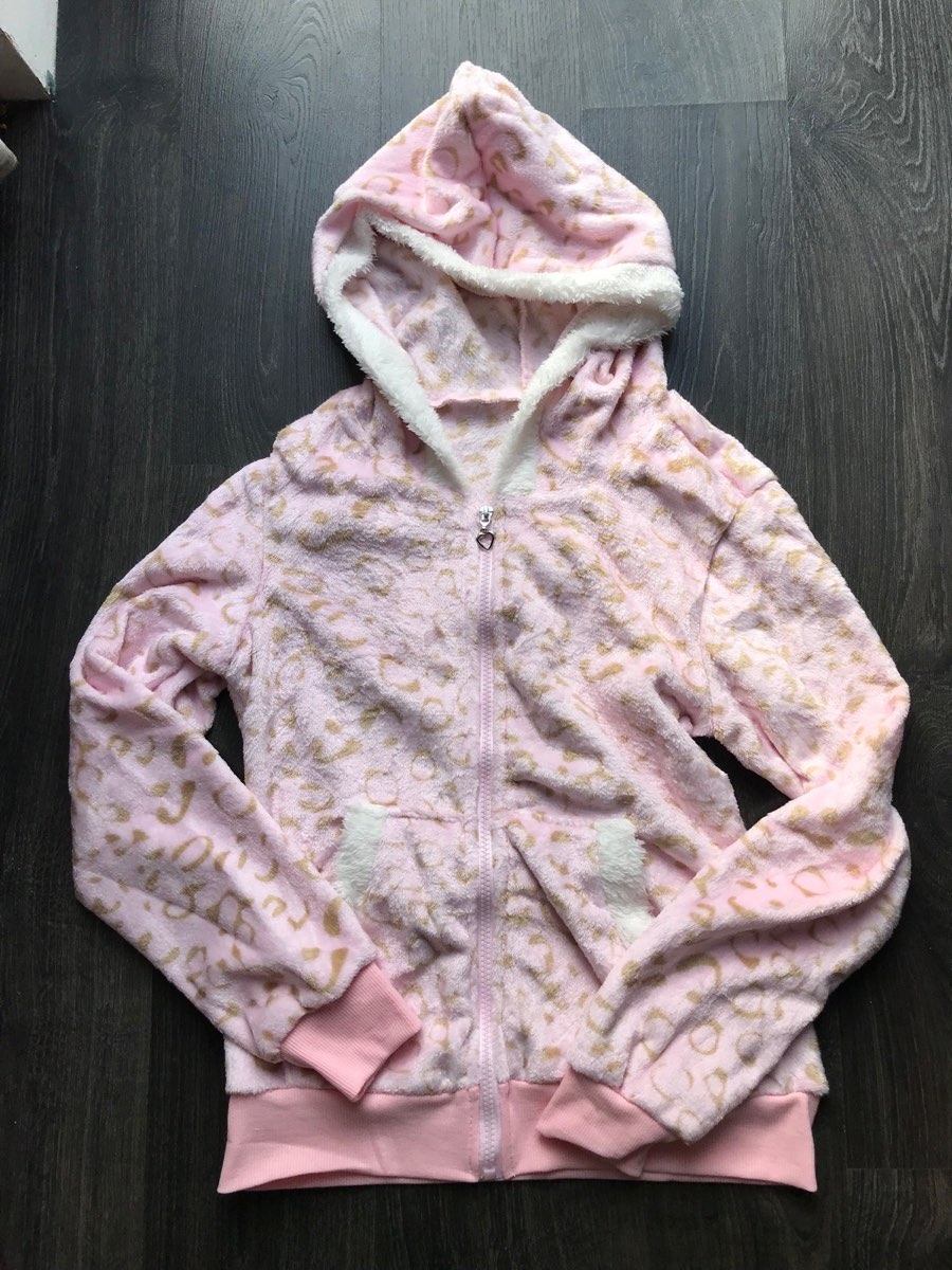 Pink white leopard print hoodie top soft fluffy plush jacket Kawaii harajuku emo scene 2000s Y2K S
