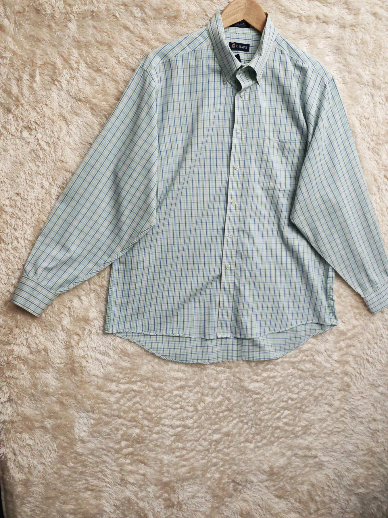 Chaps Regular Fit Long Sleeve Shirt Green & Blue Plaid Size XL/XXL (17-17.5) Y2K 2004-2007