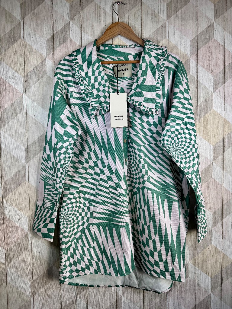 Damson Madder Green & White Geometric Print Blouse – Size UK 10 – Brand New With Tags