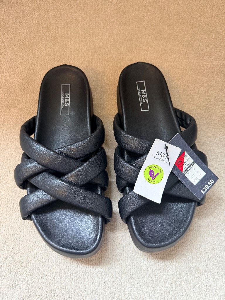 NEW M&S Collection Black Chunky Cross Strap Platform Slider Sandals UK 7.5 Vegan