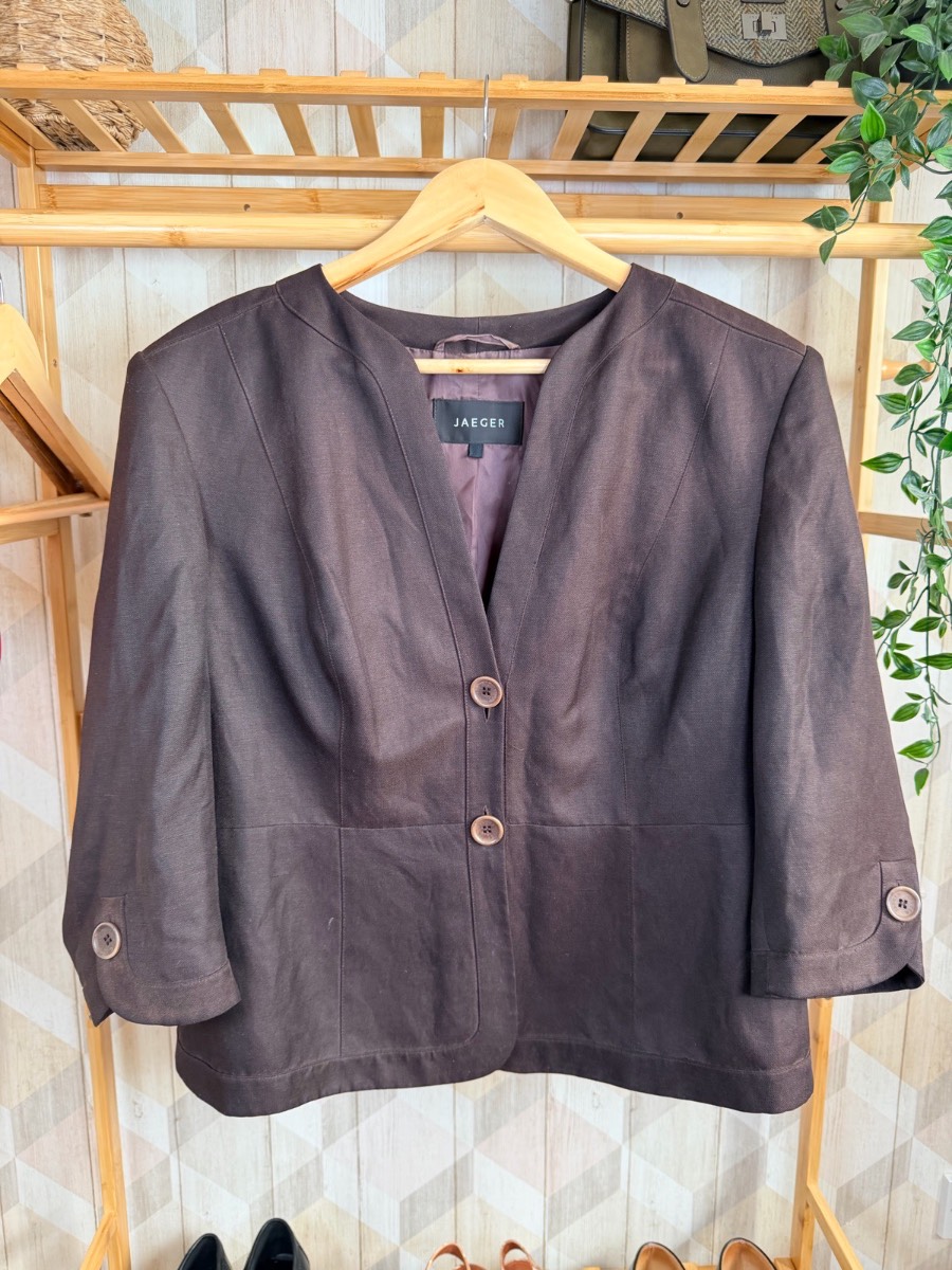 Jaeger Linen Silk Blazer Jacket UK 18 Brown Tailored Old Money Country Equestrian Luxury