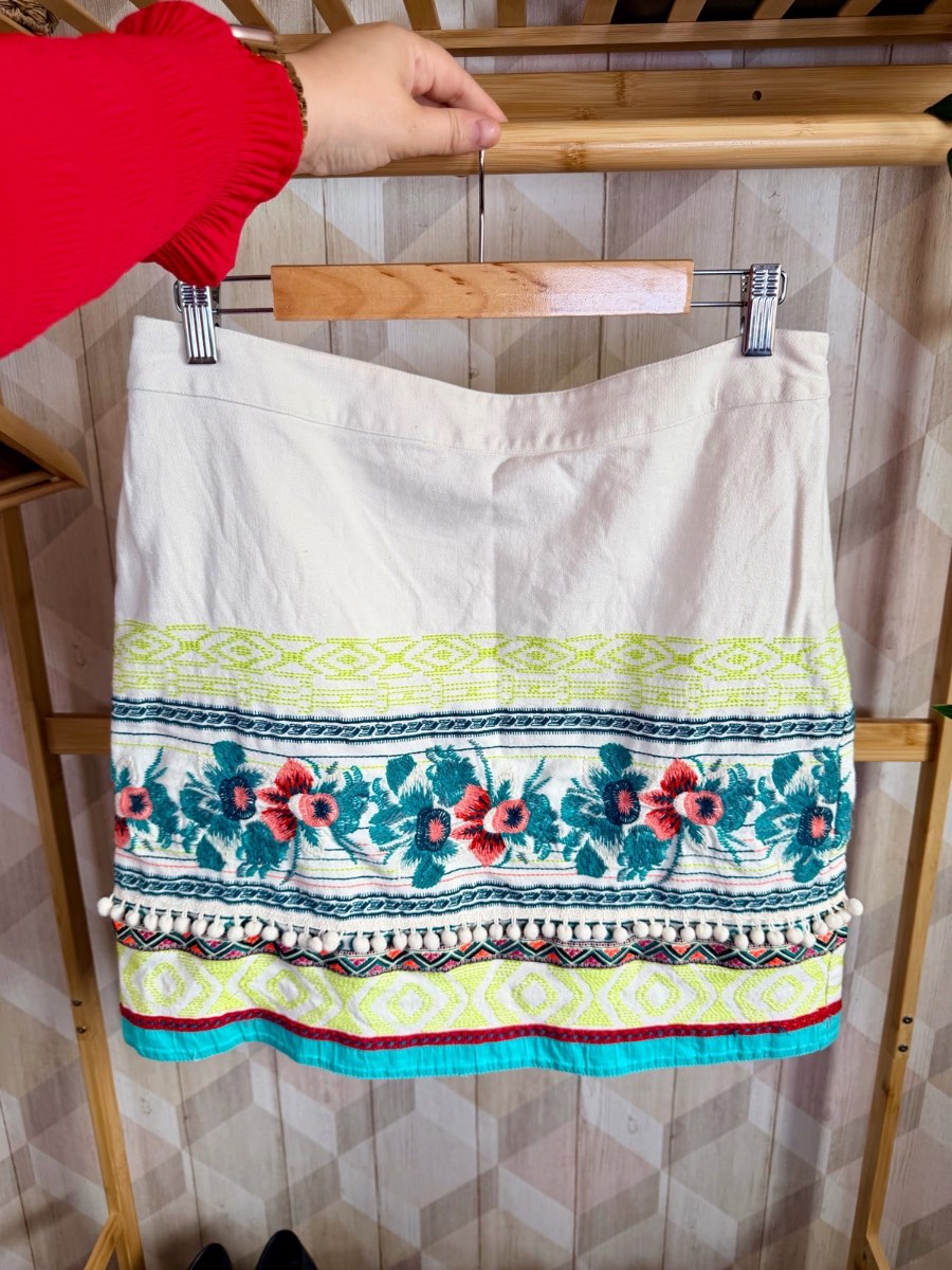 Monsoon Embroidered Mini Skirt UK 12 Boho Festival Ibiza Holiday Pom Pom 100% Cotton