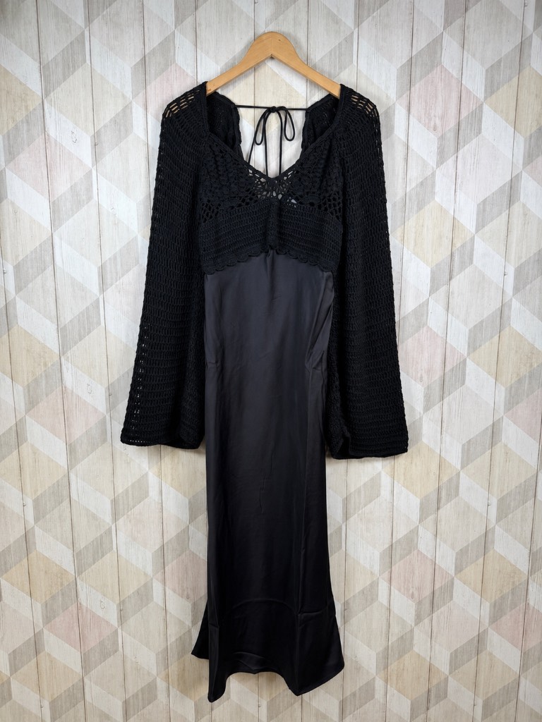 ASOS Design Black Crochet Sleeve Midi Dress UK 8 Gothic Alt Fairycore Boho Tie Back